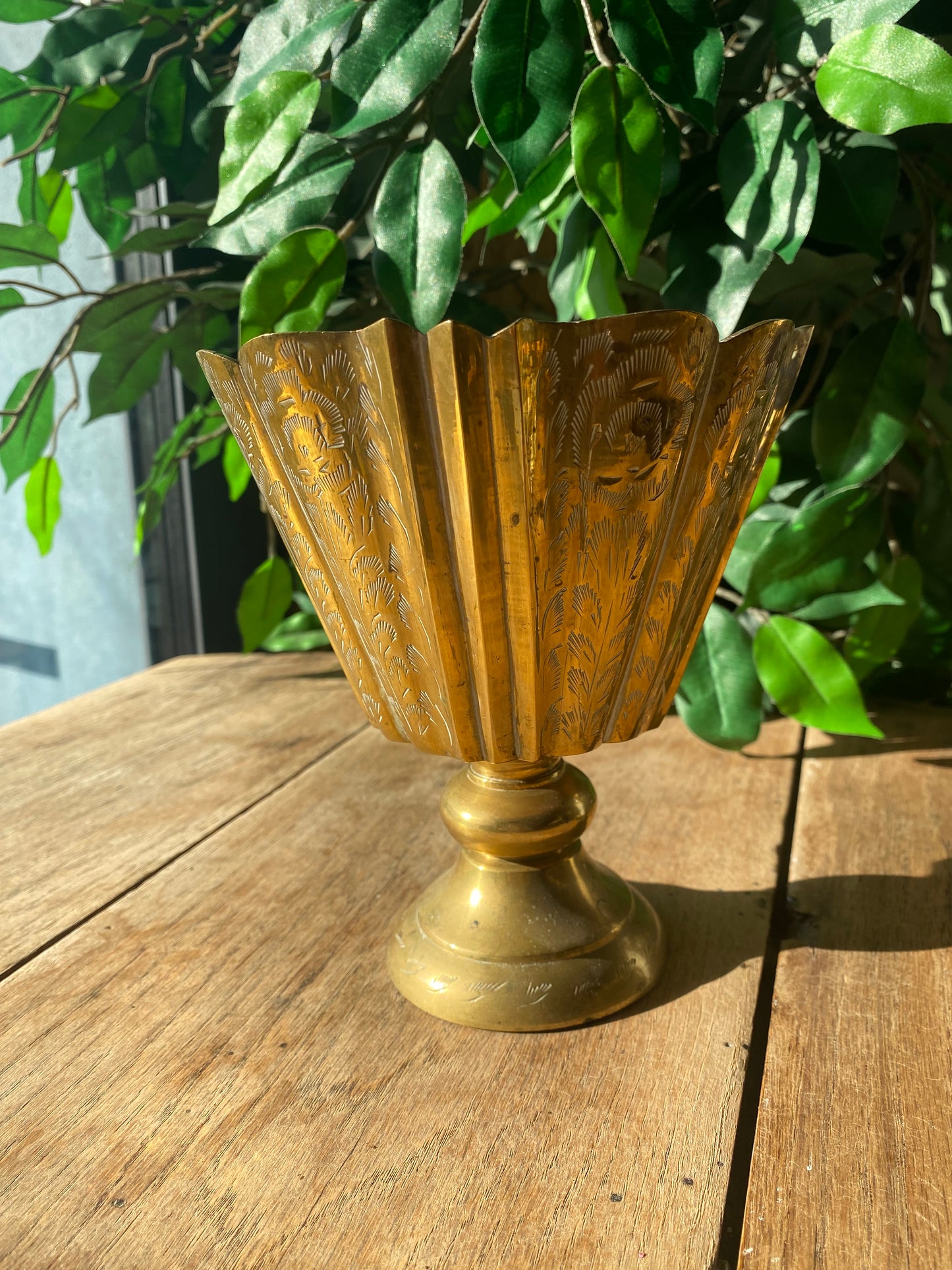 Vintage brass chalice pedestal planter