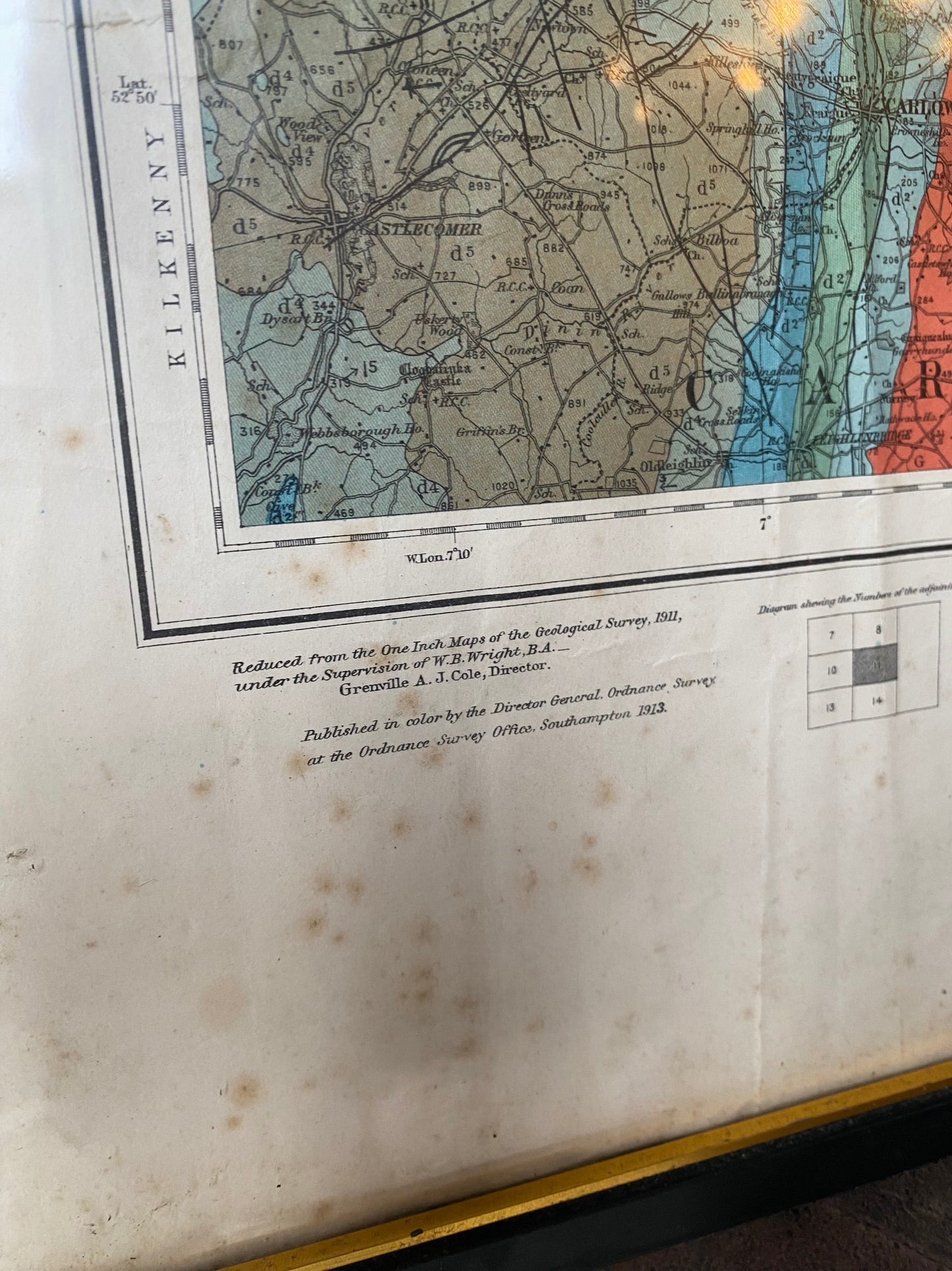 Antique geological ordnance map of Kildare - parts of Leinster 1900s Victorian era