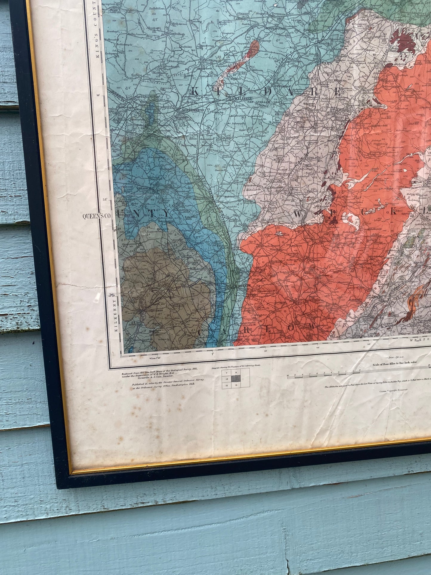 Antique geological ordnance map of Kildare - parts of Leinster 1900s Victorian era