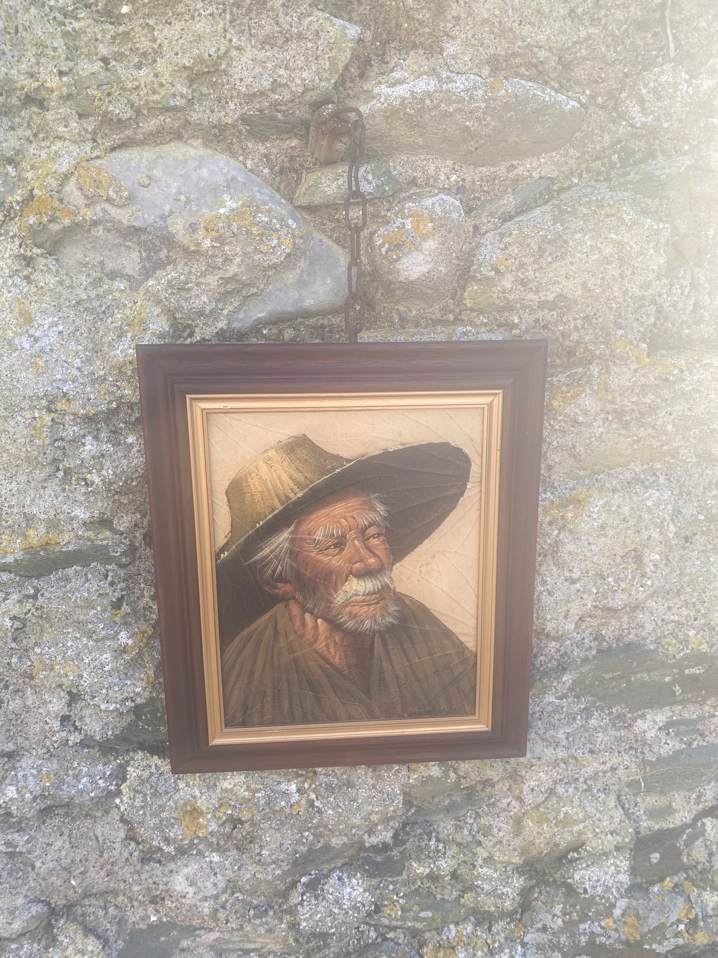 Vintage oil portrait on tabacco leaf