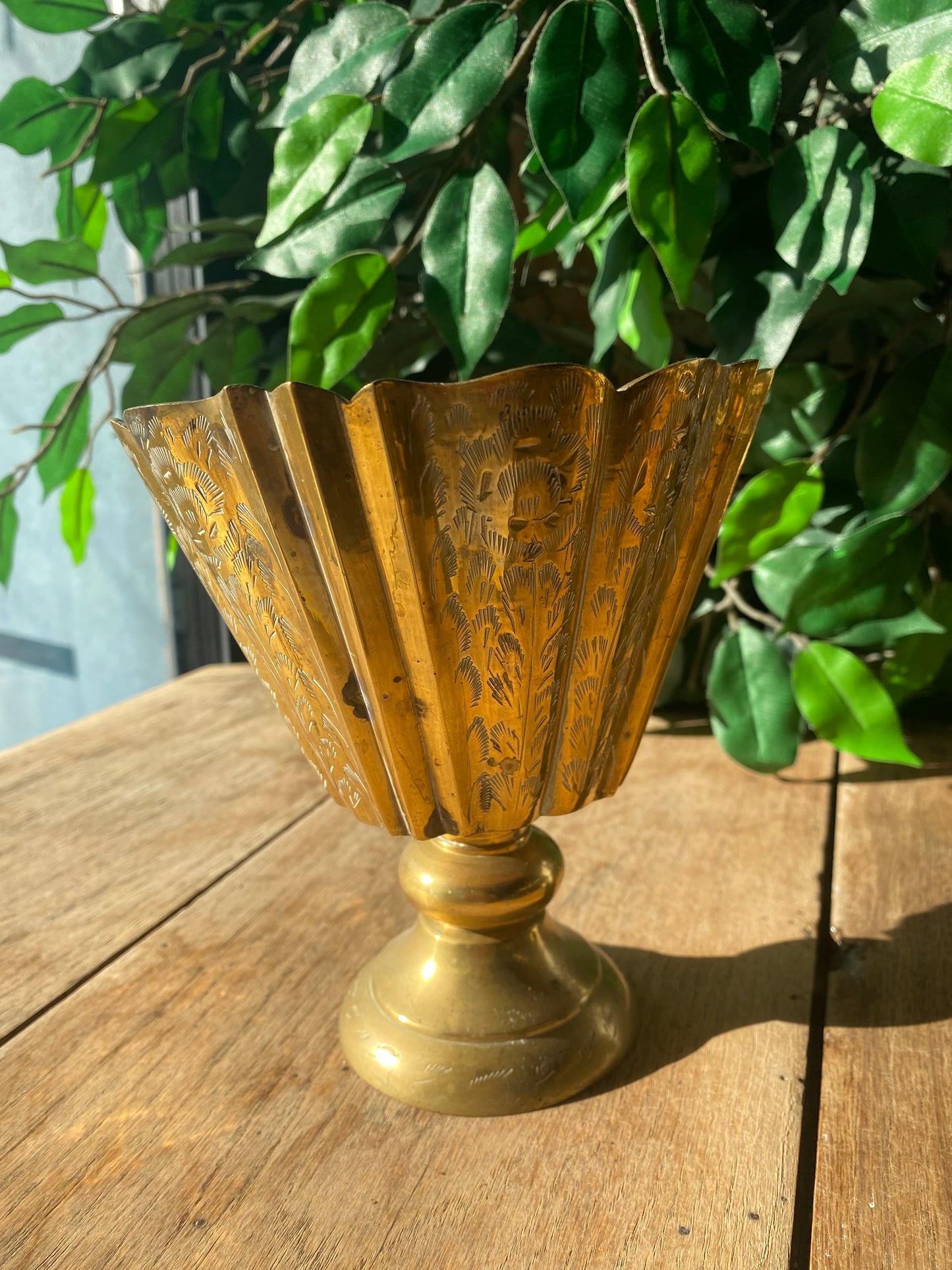 Vintage brass chalice pedestal planter