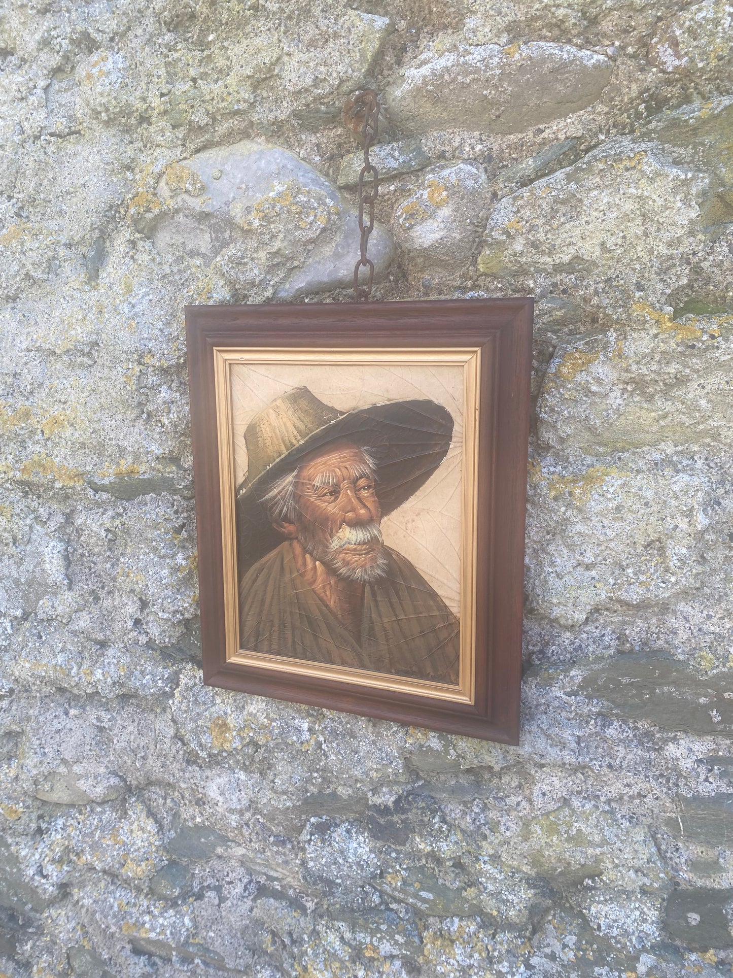 Vintage oil portrait on tabacco leaf