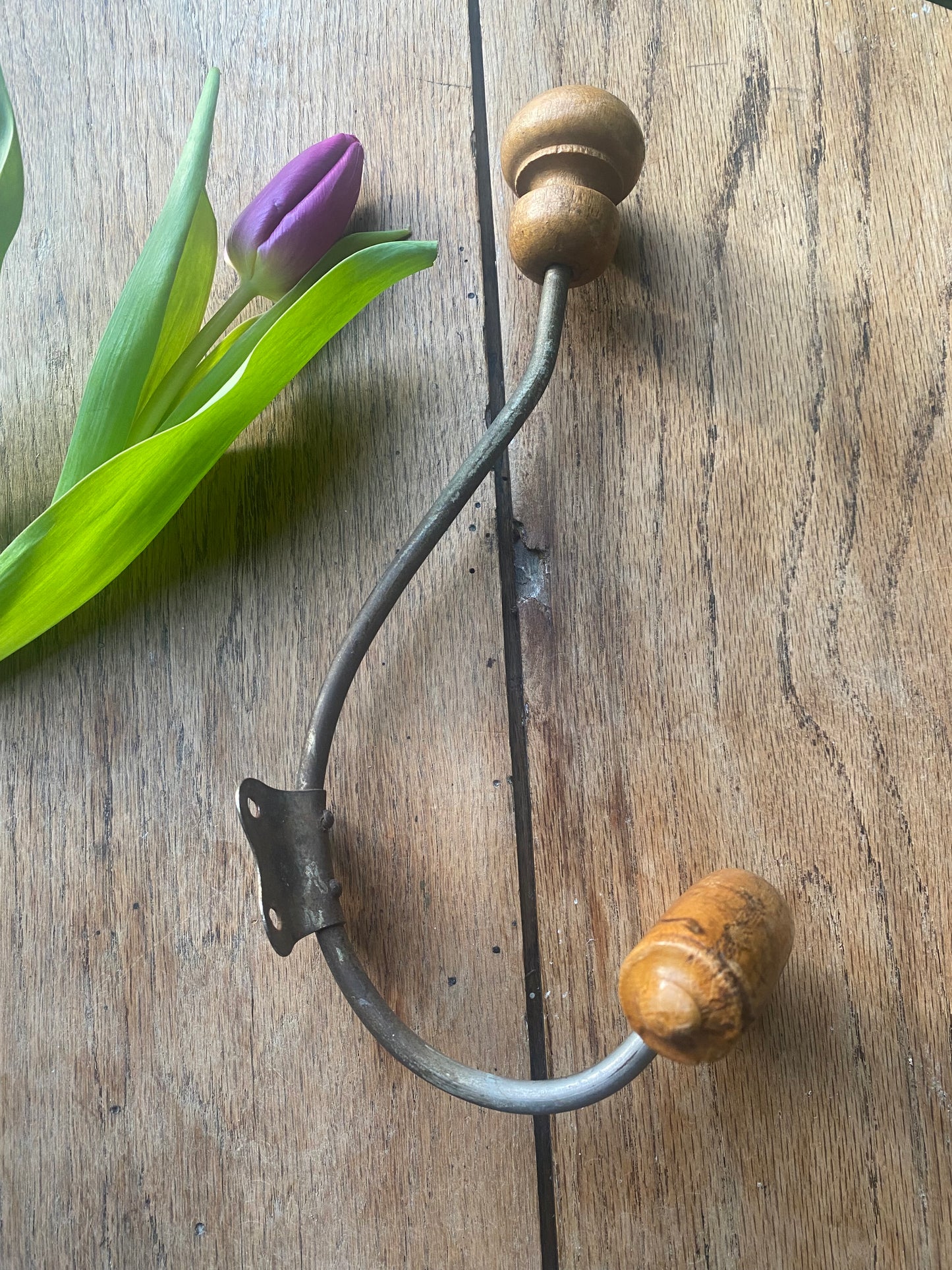 Vintage French Coat & Hat Hook – 1970s | Wood & Patinated Metal
