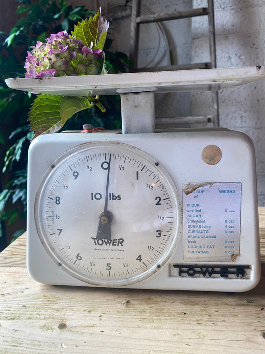 Vintage weighing scales by Tower white