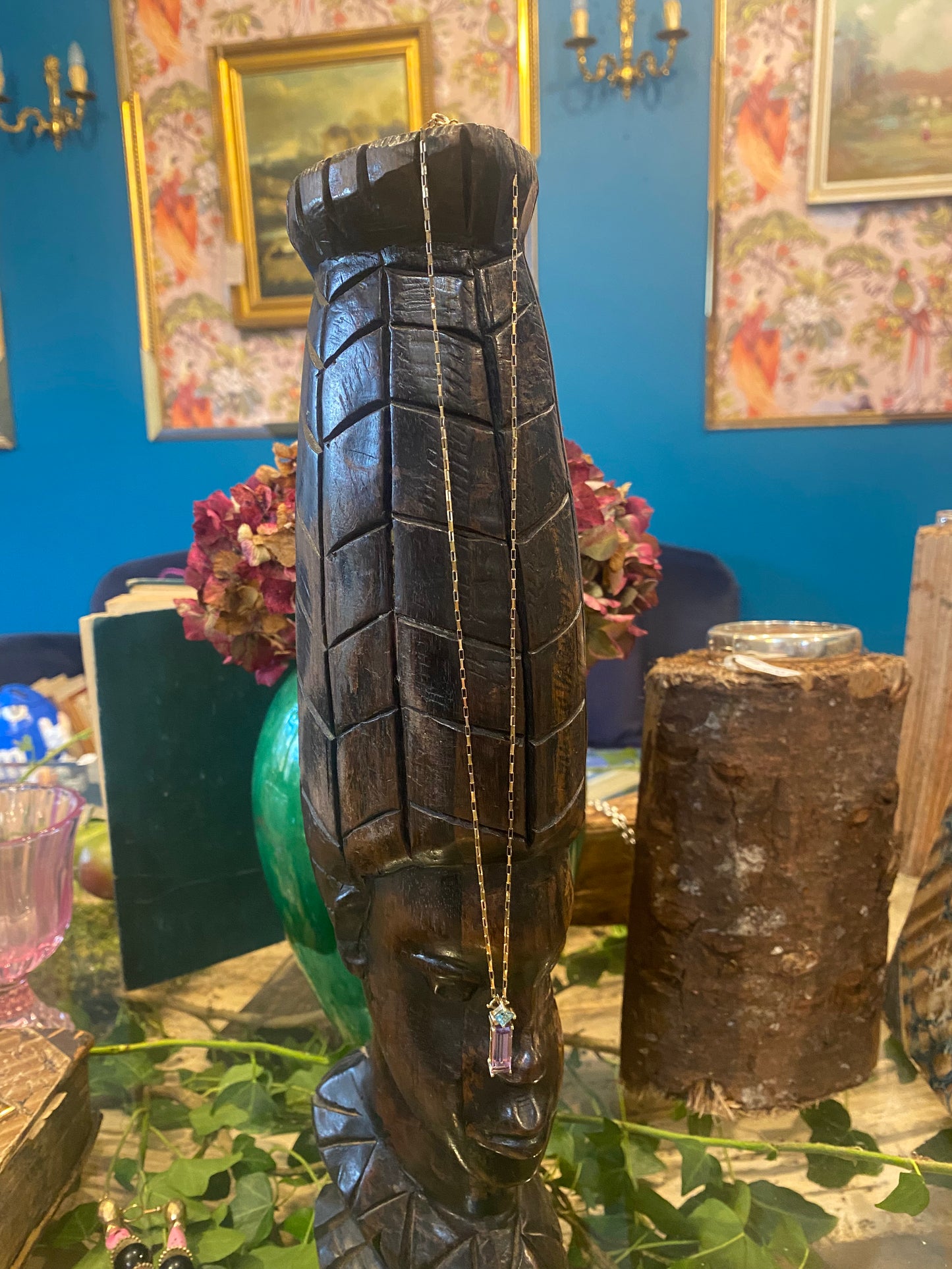 9ct gold vintage amythest & topaz pendant chain