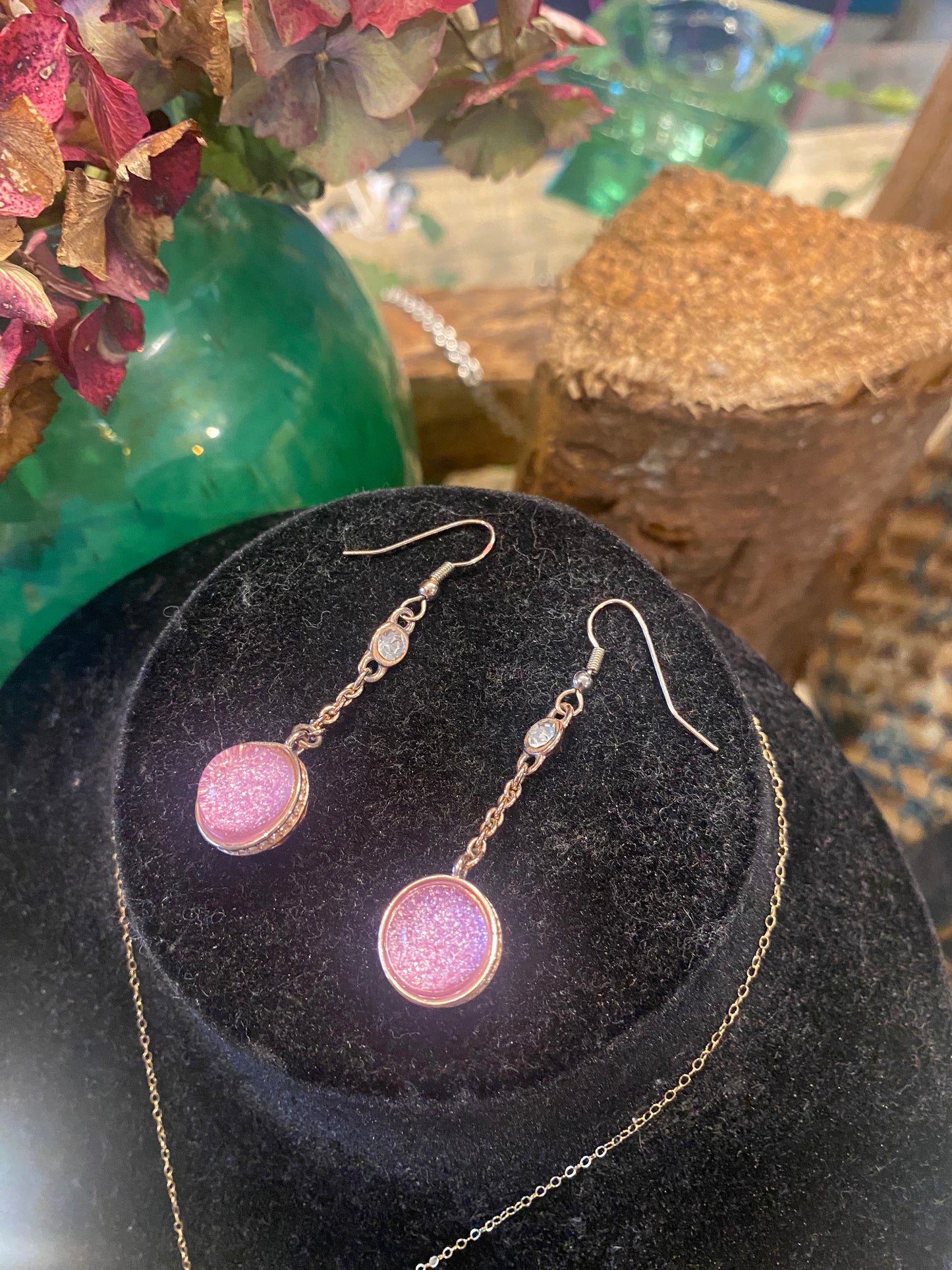 Pink druzy cabochon drop earrings