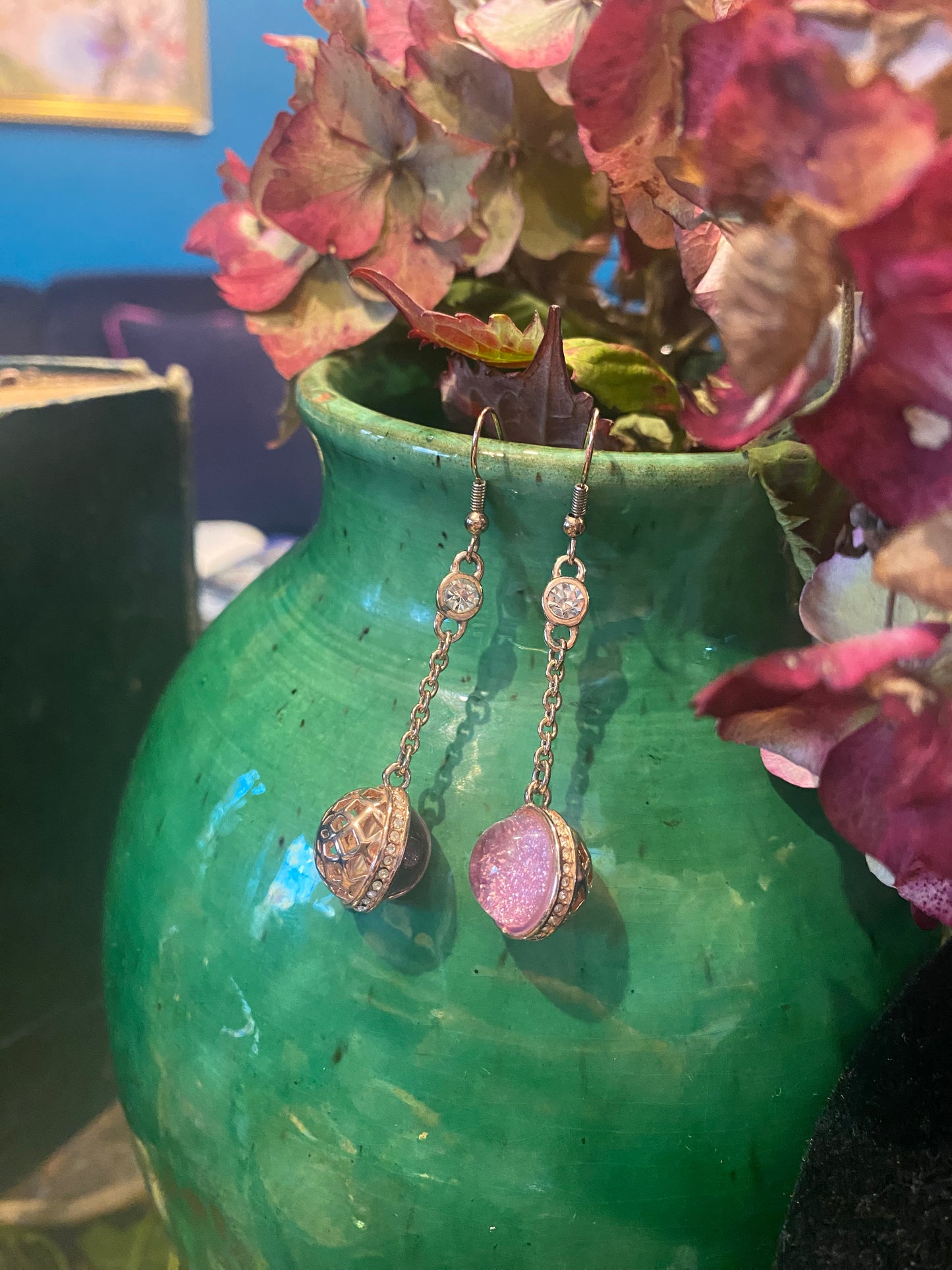 Pink druzy cabochon drop earrings