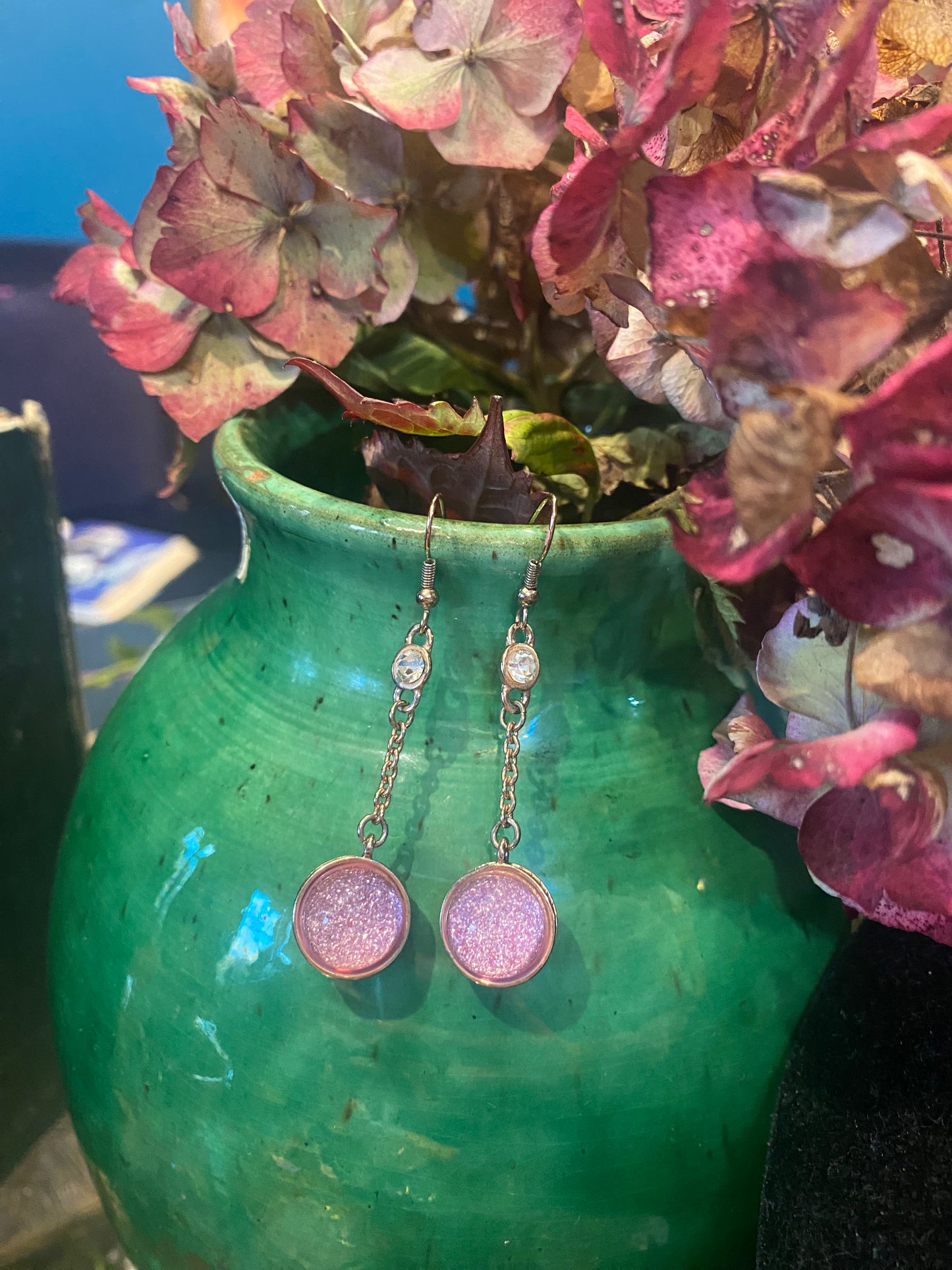 Pink druzy cabochon drop earrings